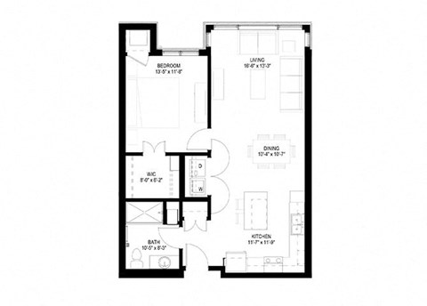 Floor plan for 1 bed, 1 bath, 819 sqft